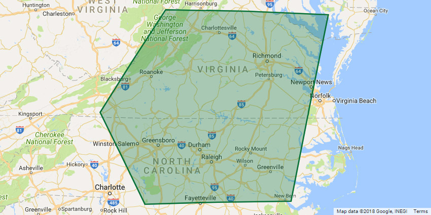Service areas in Central Virginia and North Carolina